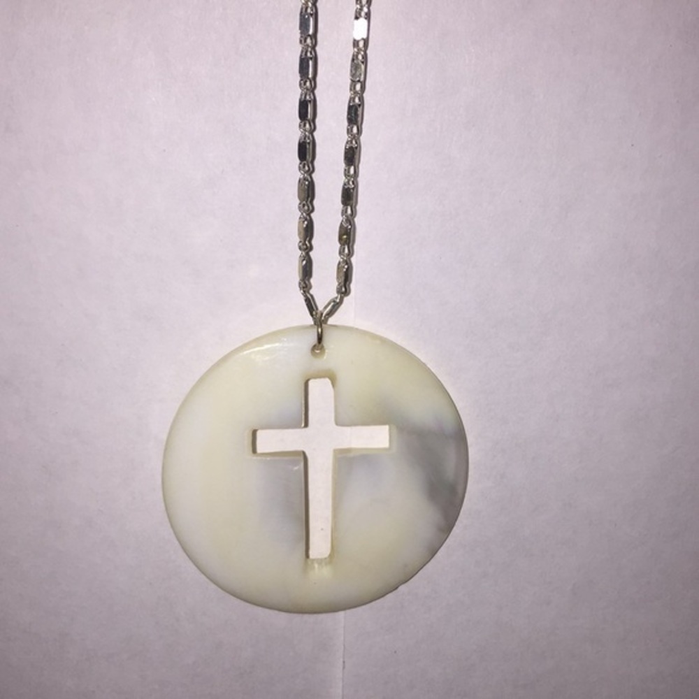 shell cross pendant on sterling silver  chain